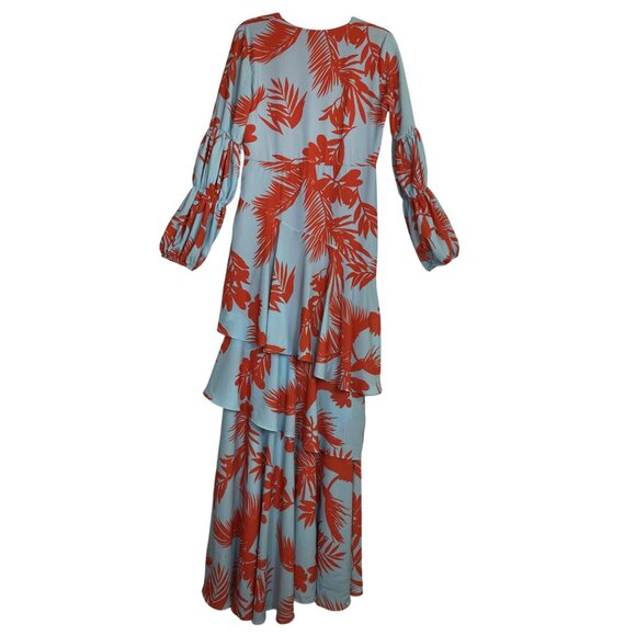 La Pateau Blue‎ Orange Tropical Floral Ruffle Maxi Dress Boho Western Large Sexy - Picture 3 of 5